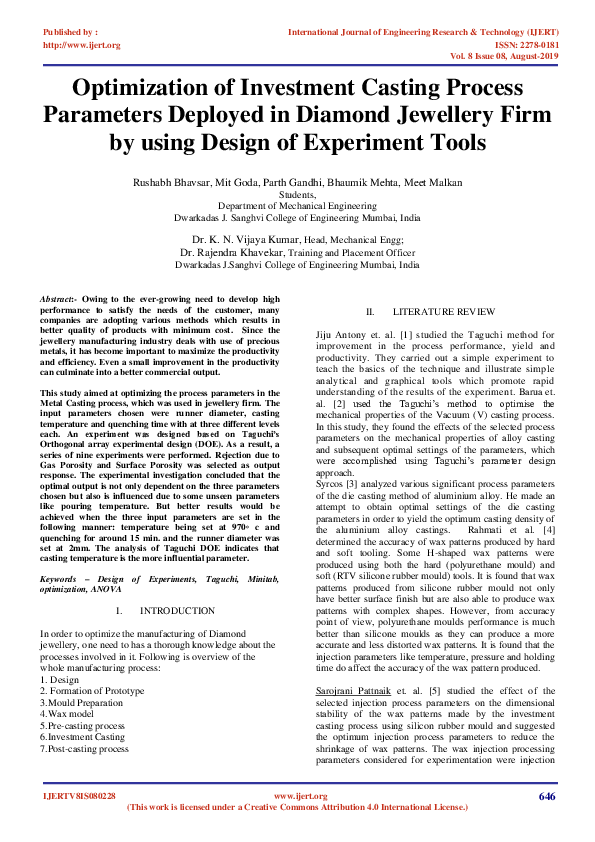 (PDF) IJERTOptimization of Investment Casting Process Parameters