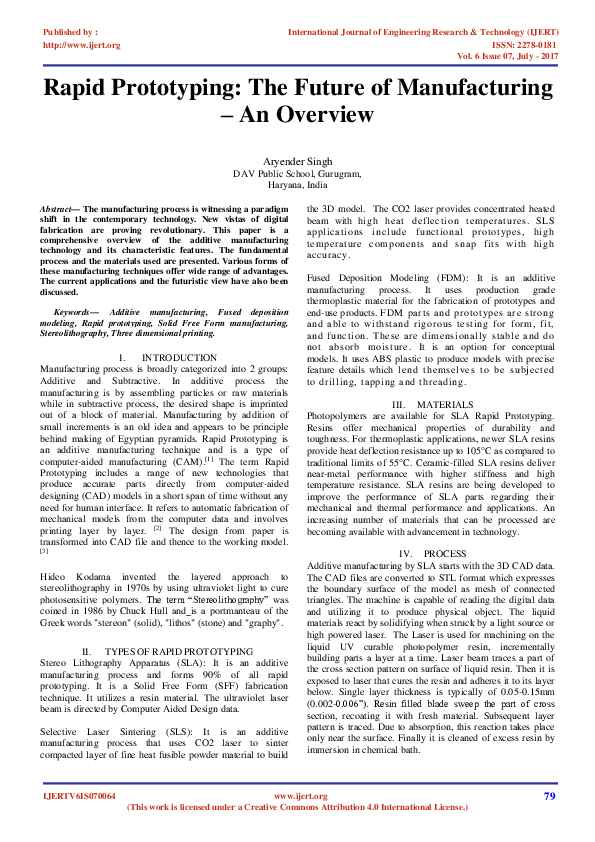 (PDF) IJERTRapid Prototyping The Future of Manufacturing An Overview