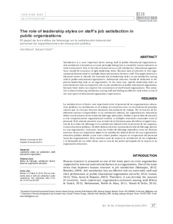 (PDF) The role of leadership styles on staff ´s job satisfaction in ...
