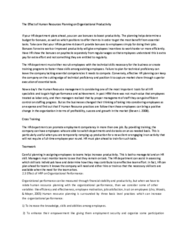 (PDF) The Effect of Human Resources Planning on Organizational Productivity
