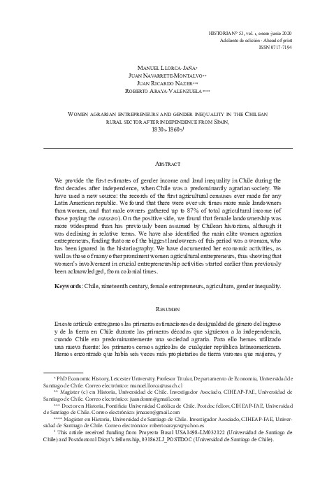 Women agrarian entrepreneurs and gender inequality in the Chilean rural sector after independence from Spain, 1830s-1860s