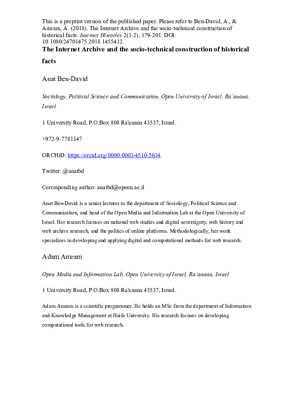 The Internet Archive and the socio-technical construction of historical facts