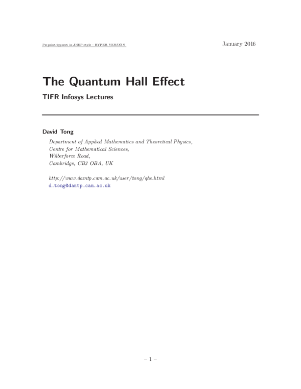 (PDF) The Quantum Hall Effect TIFR Infosys Lectures
