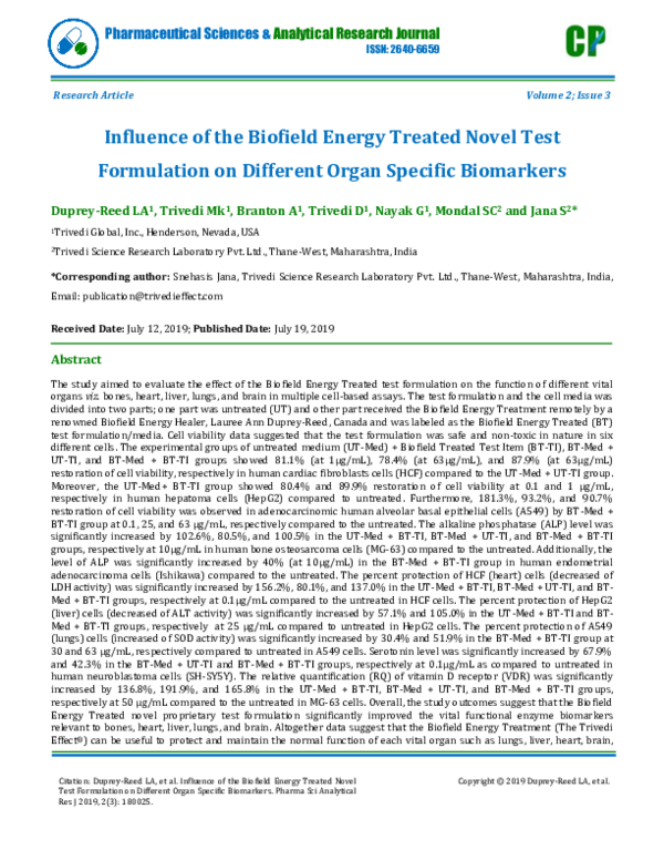 (PDF) Influence of the Biofield Energy Treated Novel Test Formulation ...