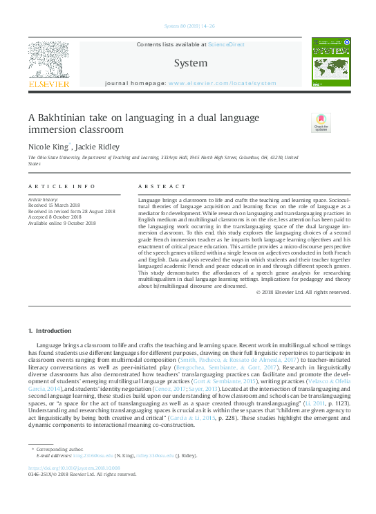 (PDF) A Bakhtinian take on languaging in a dual language immersion ...