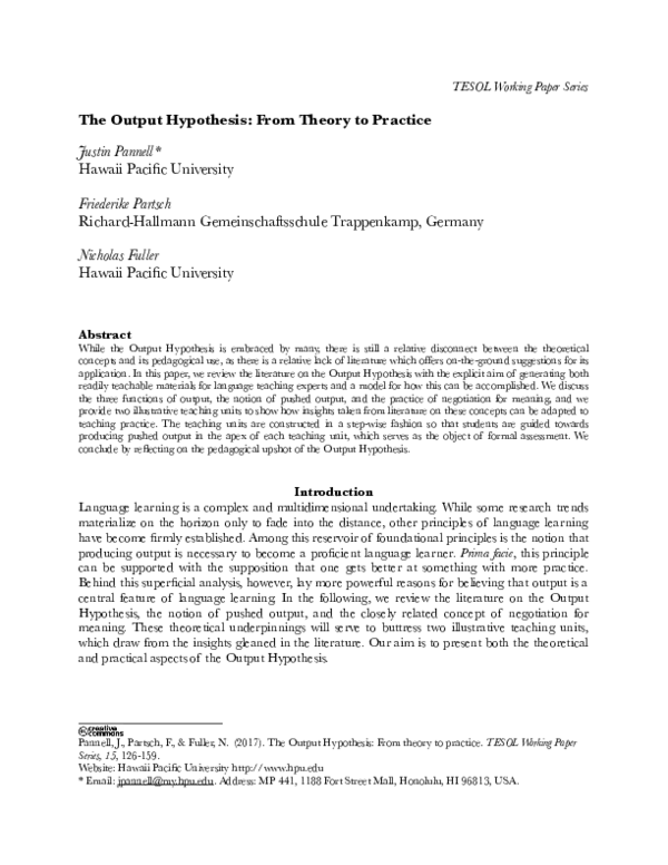(PDF) The Output Hypothesis: From Theory to Practice