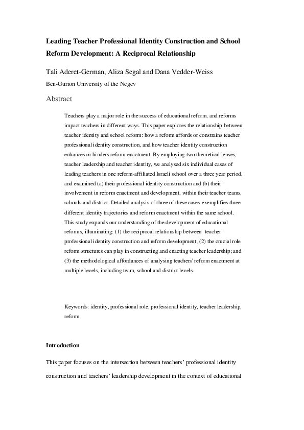 Pdf Leading Teacher Professional Identity Construction And School