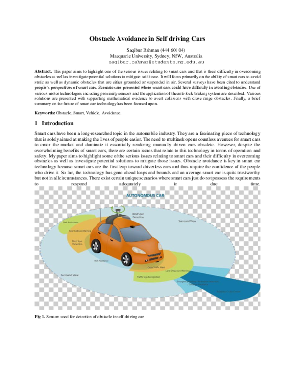 (PDF) Obstacle Avoidance in Self driving Cars