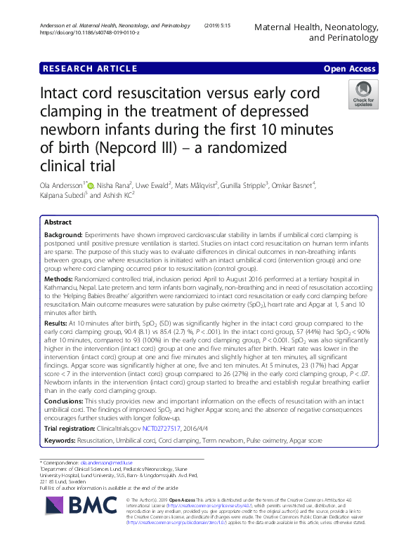 (PDF) Intact cord resuscitation versus early cord clamping in the