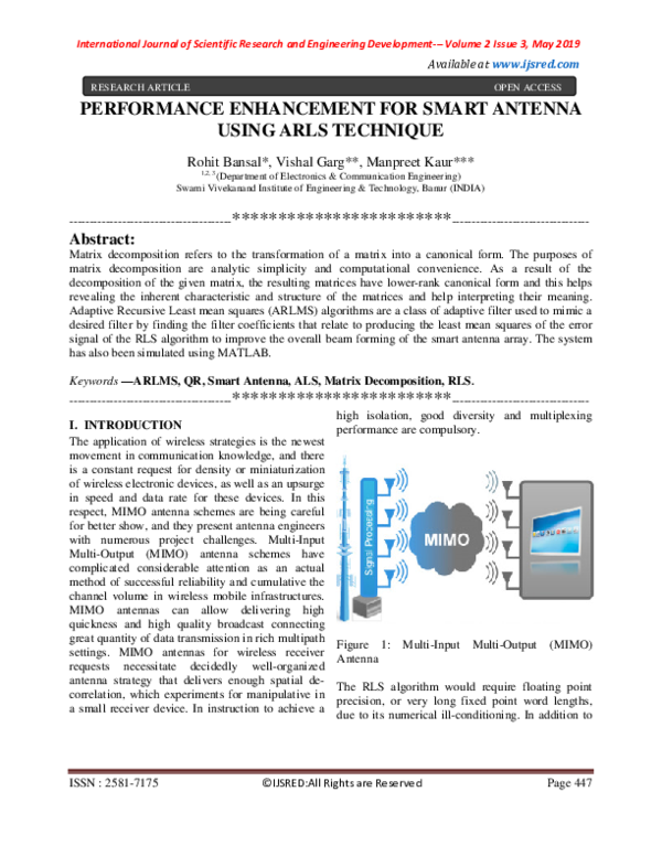 (PDF) PERFORMANCE ENHANCEMENT FOR SMART ANTENNA USING ARLS TECHNIQUE