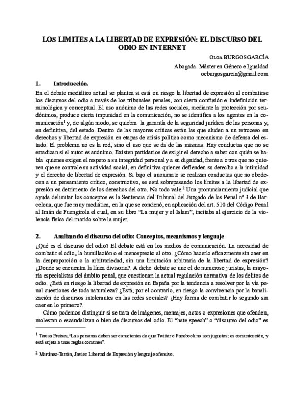(PDF) LOS LIMITES A LA LIBERTAD DE EXPRESIÓN: EL DISCURSO DEL ODIO EN ...
