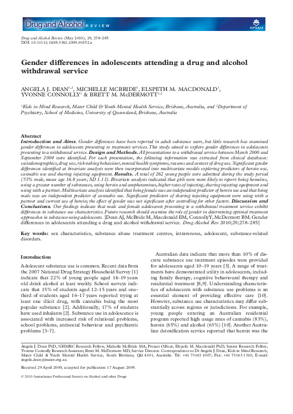 (PDF) Gender differences in adolescents attending a drug and alcohol ...