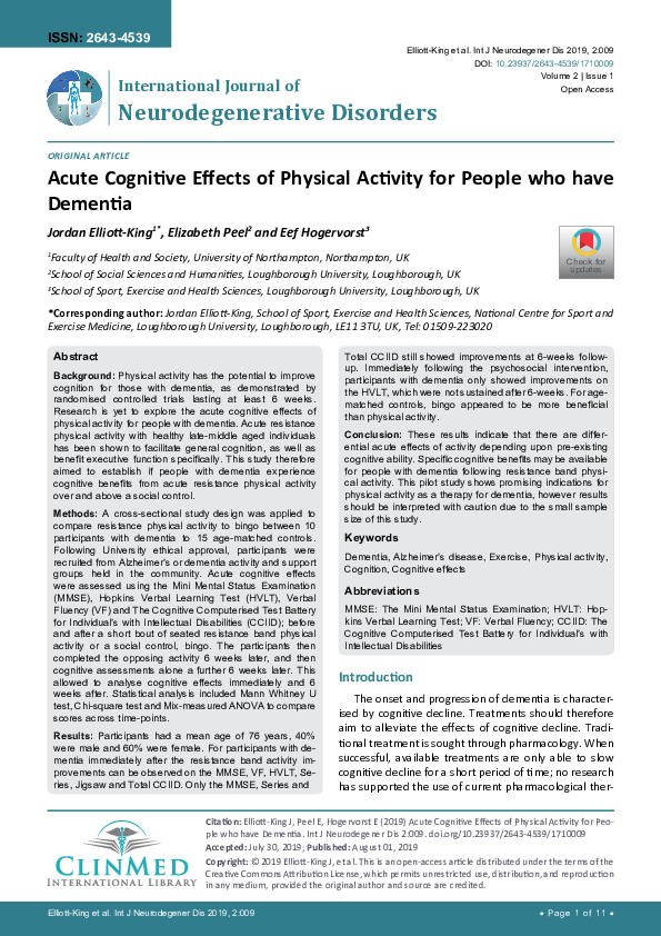 (PDF) Acute Cognitive Effects of Physical Activity for People who have ...