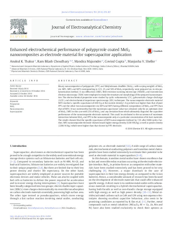 (PDF) Enhanced electrochemical performance of polypyrrole coated MoS 2 ...