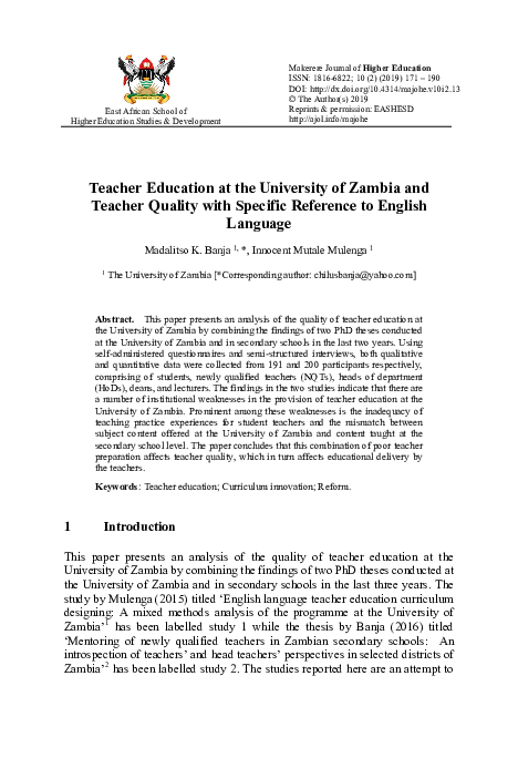 (PDF) Teacher Education at the University of Zambia and Teacher Quality ...