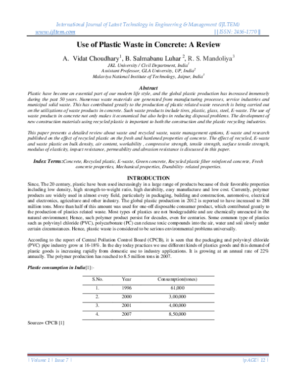 (PDF) Use of Plastic Waste in Concrete A Review IJLTEM Journal