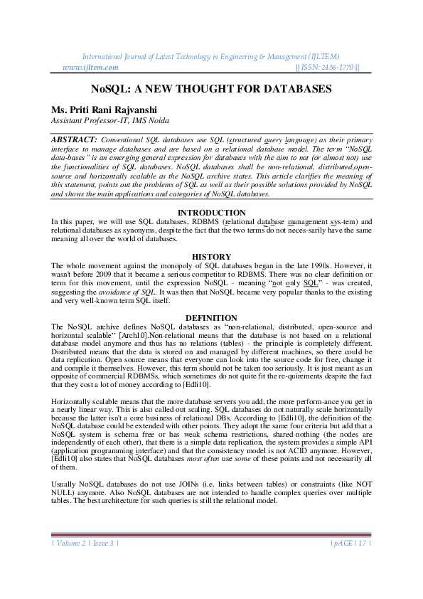 (PDF) NoSQL: A NEW THOUGHT FOR DATABASES