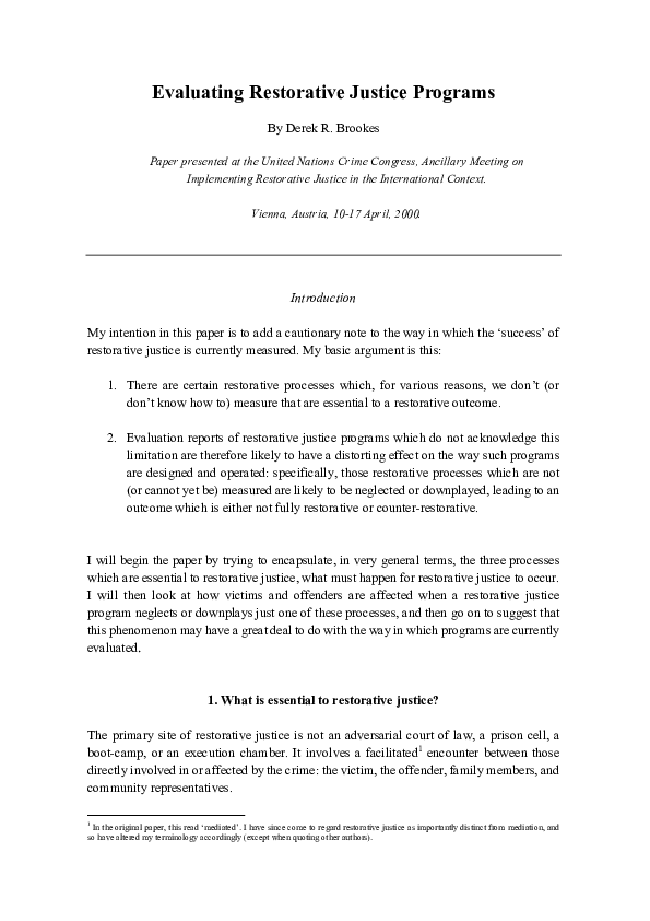Pdf Evaluating Restorative Justice Programs Pdf Evaluating Restorative Justice Programs