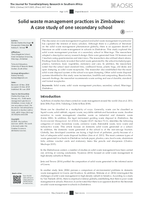 (PDF) Solid waste management practices in Zimbabwe: A case study of one ...