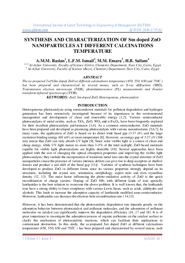 (PDF) SYNTHESIS AND CHARACTERIZATION OF Sm doped ZnO NANOPARTICLES AT ...