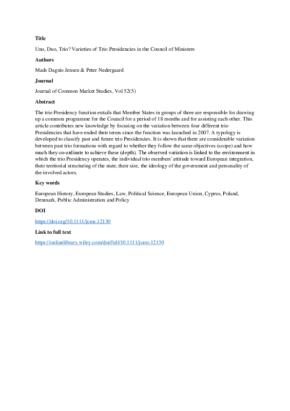 (PDF) Uno, Duo, Trio? Varieties of Trio Presidencies in the Council of