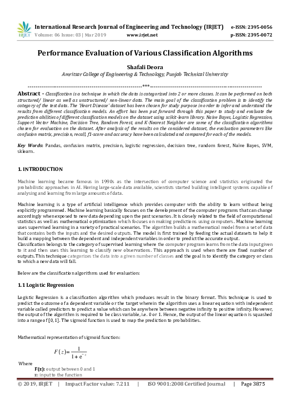 (PDF) IRJET-Performance Evaluation of Various Classification Algorithms
