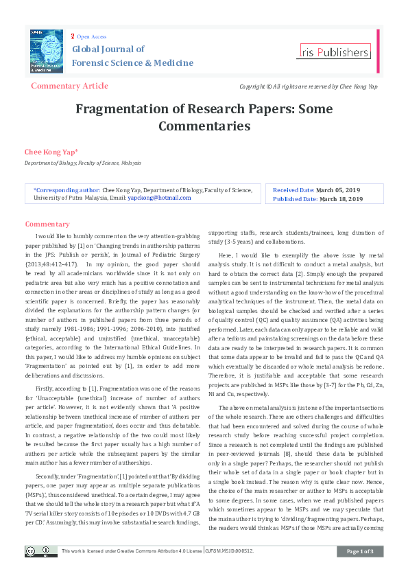 (PDF) Fragmentation of Research Papers: Some Commentaries