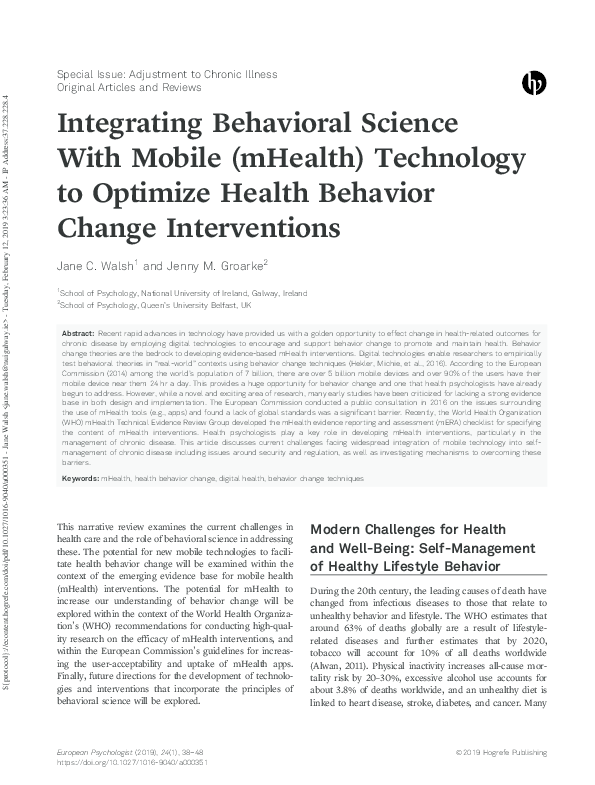 (PDF) Integrating Behavioral Science With Mobile (mHealth) Technology ...