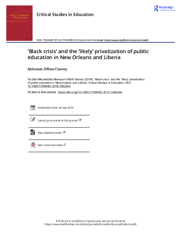 'Black crisis' and the 'likely' privatization of public education in New Orleans and Liberia