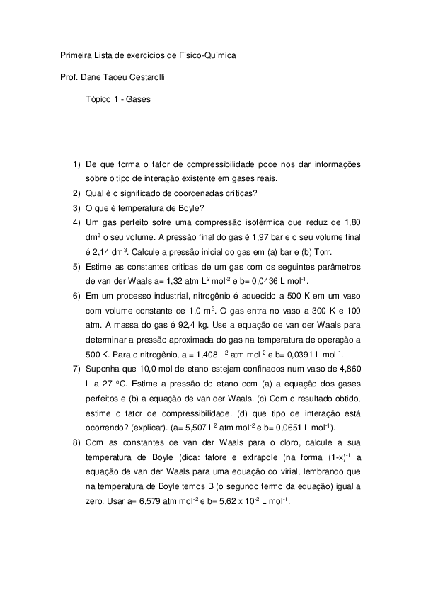(DOC) Lista de exercícios de Físico quimica gases