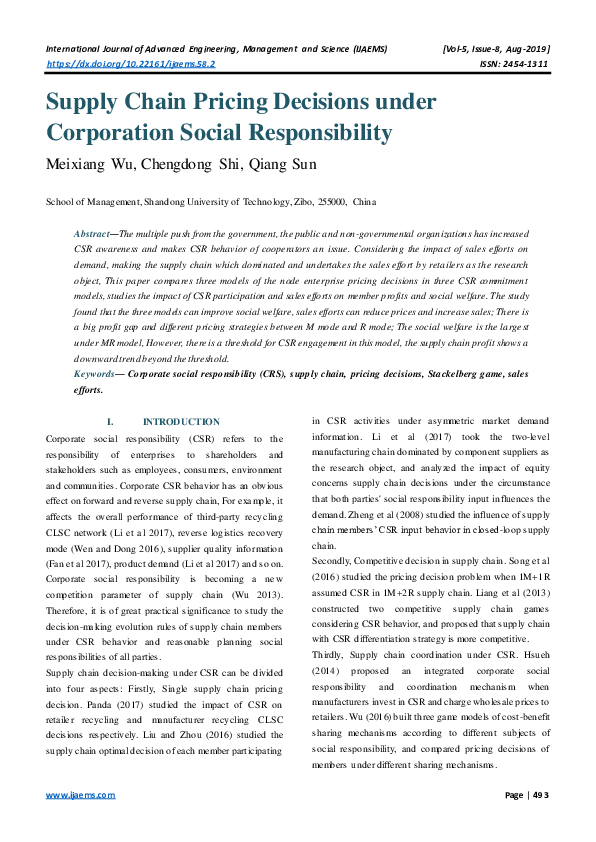 (PDF) Supply Chain Pricing Decisions under Corporation Social ...
