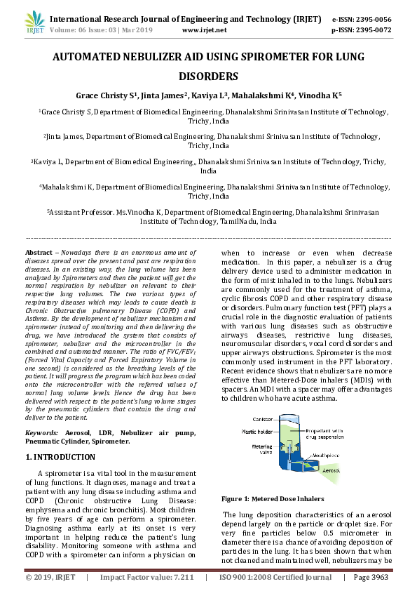 (PDF) IRJET- AUTOMATED NEBULIZER AID USING SPIROMETER FOR LUNG DISORDERS