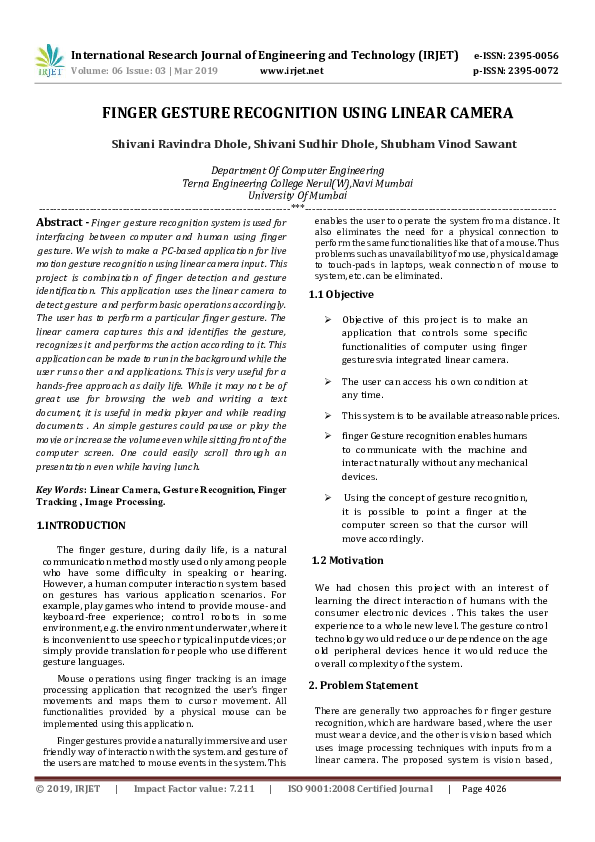 (PDF) IRJET- FINGER GESTURE RECOGNITION USING LINEAR CAMERA