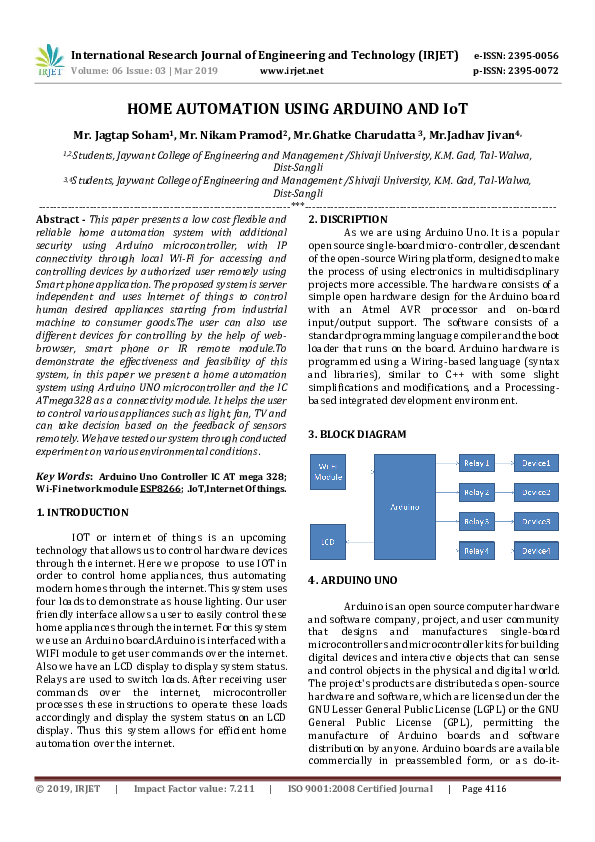 (PDF) IRJET HOME AUTOMATION USING ARDUINO AND IoT IRJET Journal