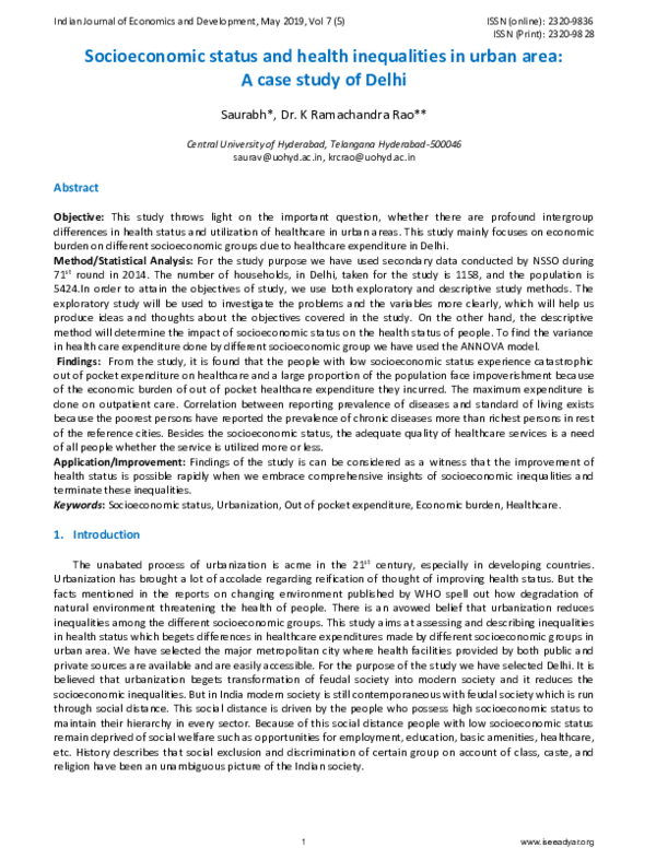 (PDF) Socioeconomic status and health inequalities in urban area: A ...