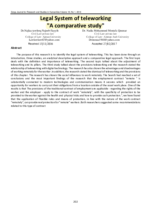 (PDF) Legal System of teleworking "A comparative study" | Najlaa
