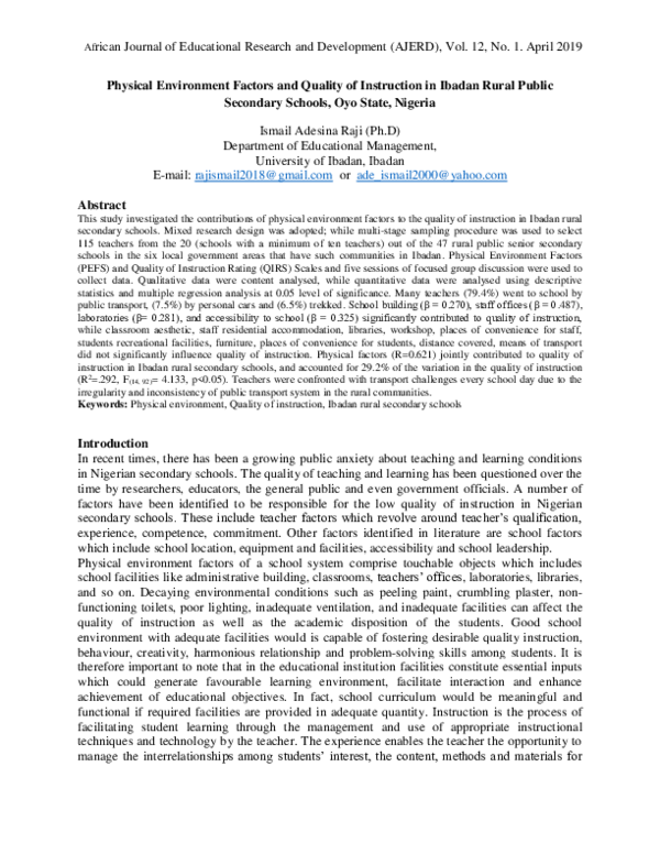 (PDF) Physical Environment Factors and Quality of Instruction in Ibadan ...