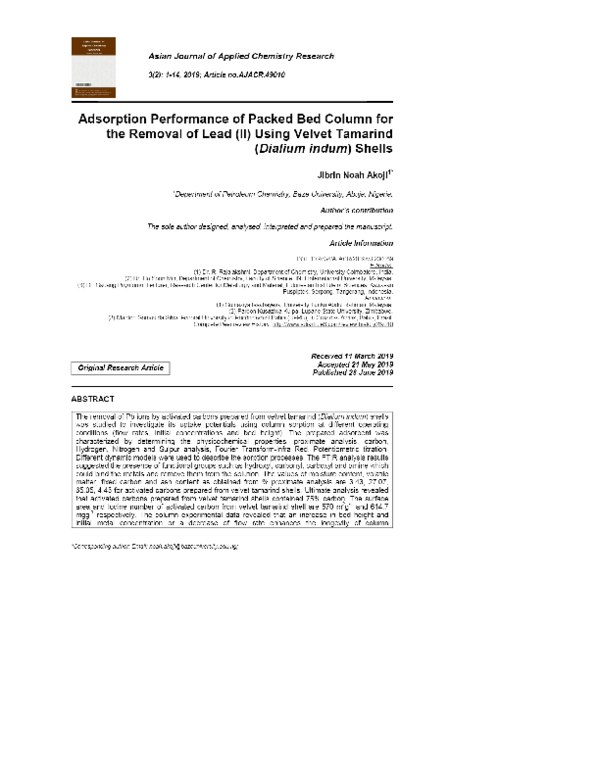 (PDF) Adsorption Performance of Packed Bed Column for the Removal of ...