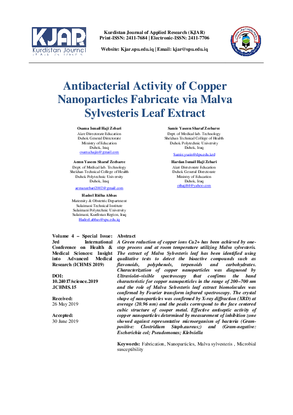 (PDF) Antibacterial Activity of Copper Nanoparticles Fabricate via ...