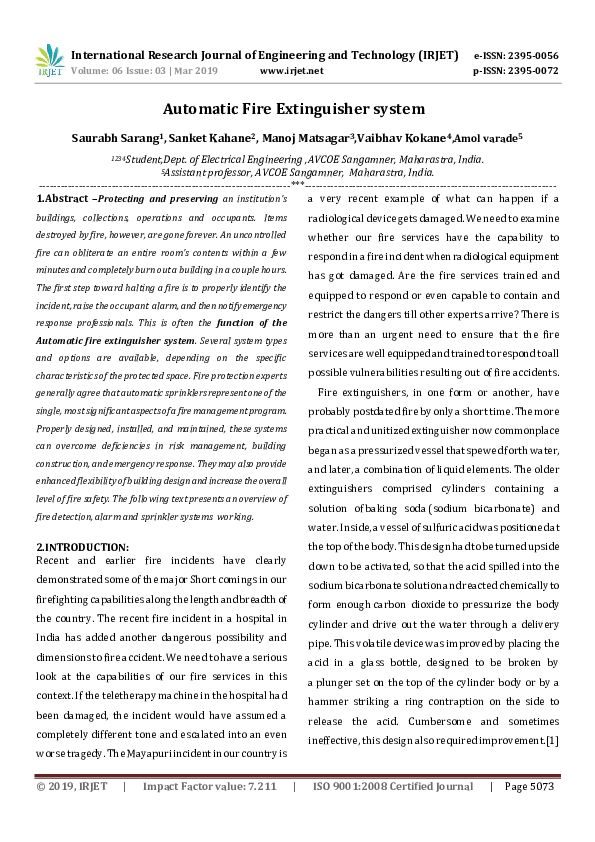 (PDF) IRJET Automatic Fire Extinguisher system IRJET Journal Academia.edu