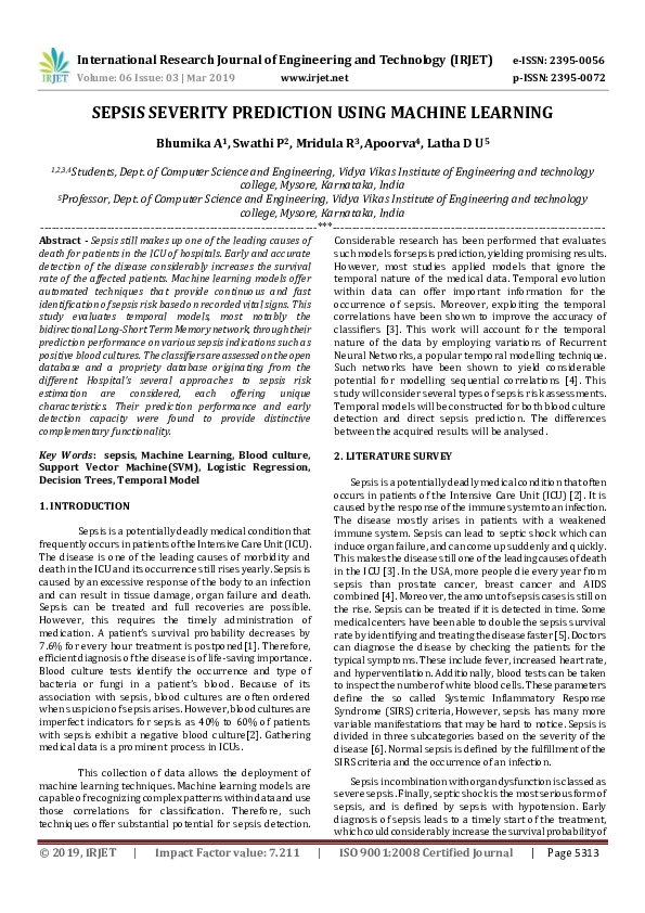 (PDF) IRJET- SEPSIS SEVERITY PREDICTION USING MACHINE LEARNING