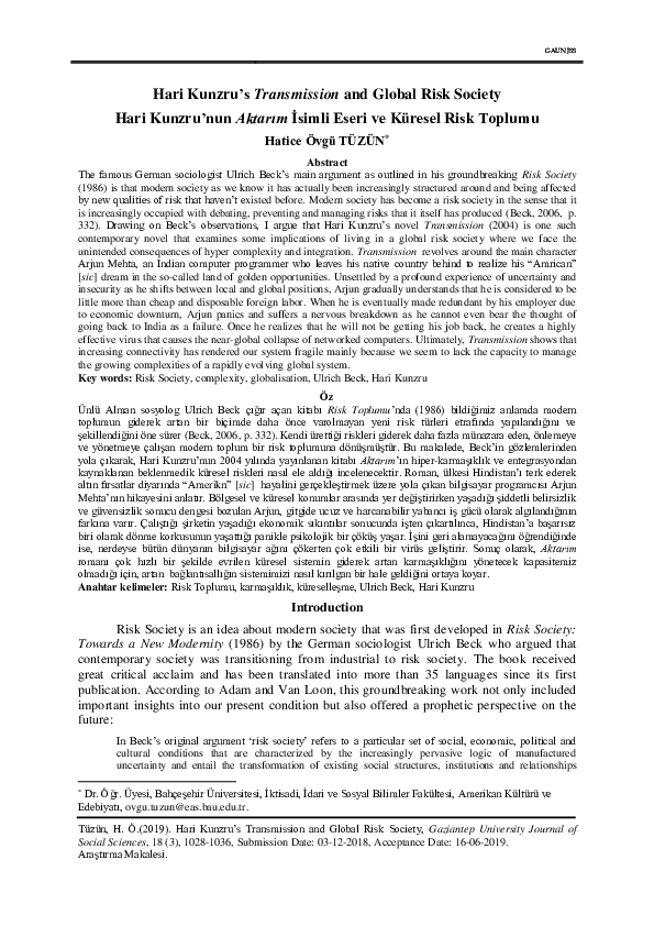 (PDF) Hari Kunzru's Transmission and Global Risk Society Hatice Övgü