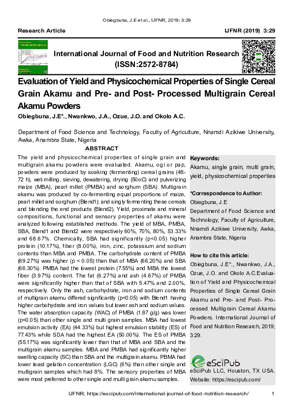 (PDF) Evaluation of Yield and Physicochemical Properties of Single Cereal