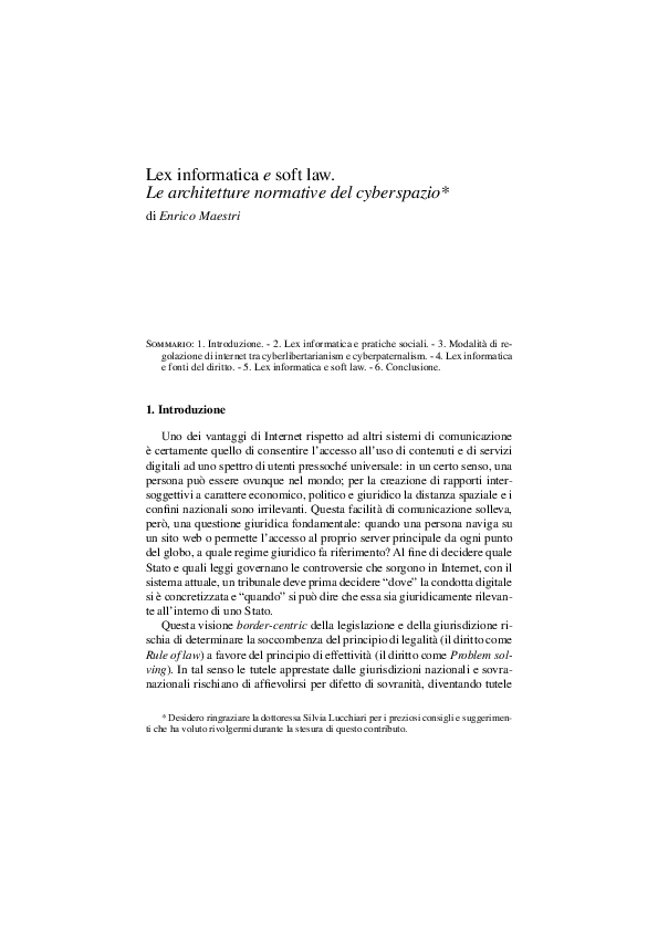 (PDF) Lex informatica e soft law. Le architetture normative del cyberspazio