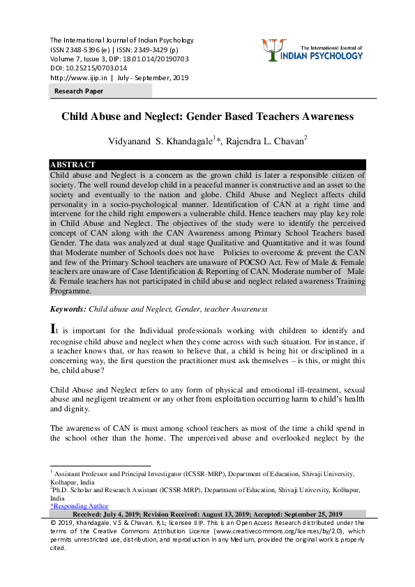 (PDF) Child Abuse and Neglect: Gender Based Teachers Awareness