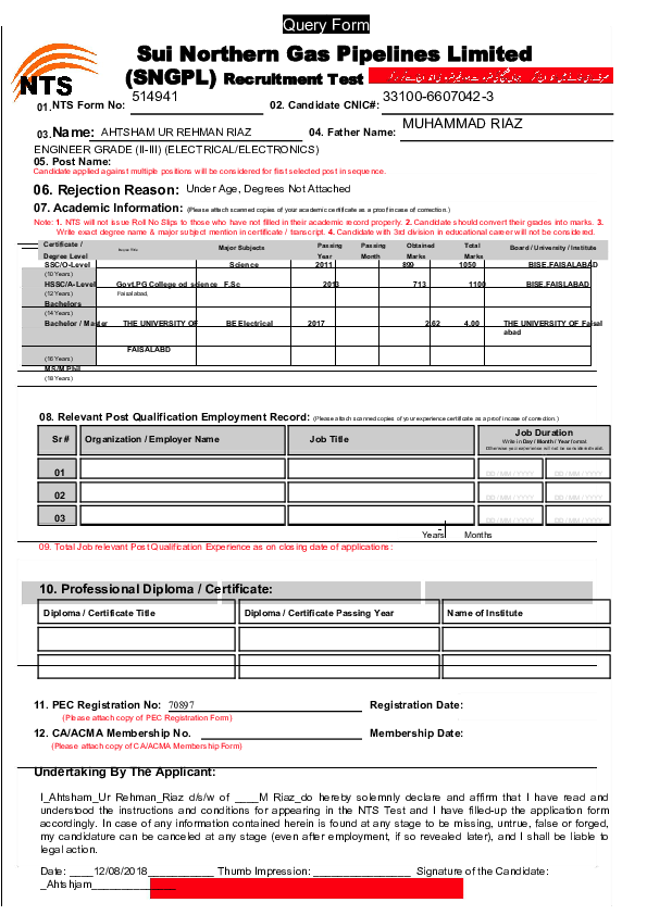 (PDF) Query Form Sui Northern Gas Pipelines Limited (SNGPL) Recruitment