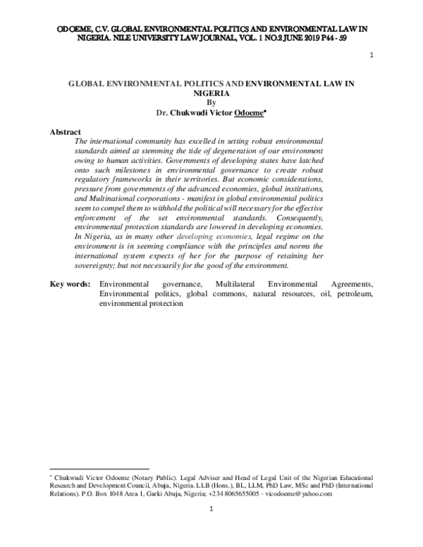 (PDF) GLOBAL ENVIRONMENTAL POLITICS AND ENVIRONMENTAL LAW IN NIGERIA