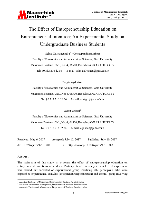 (PDF) The Effect of Entrepreneurship Education on Entrepreneurial ...