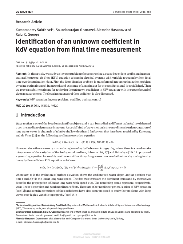 (PDF) Identification of an unknown coefficient in KdV equation from ...