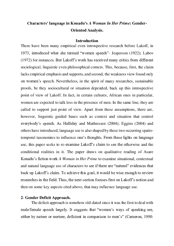 (DOC) Characters' language in Konadu's A Woman In Her Prime: Gender